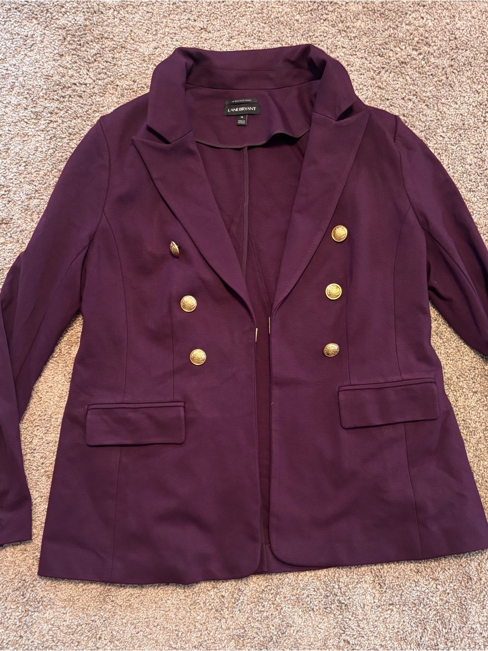 Lane Bryant Deep Plum Double-Breasted Blazer with Gold Buttons - 16